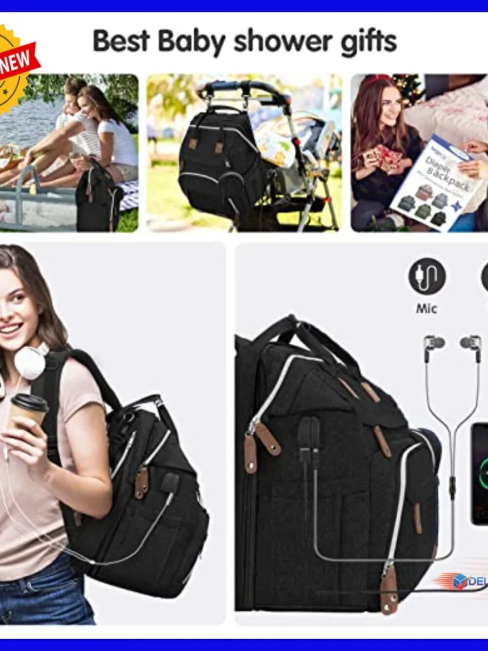 Large Diaper Backpack with Changing Pad, Laptop Compartment, USB Port